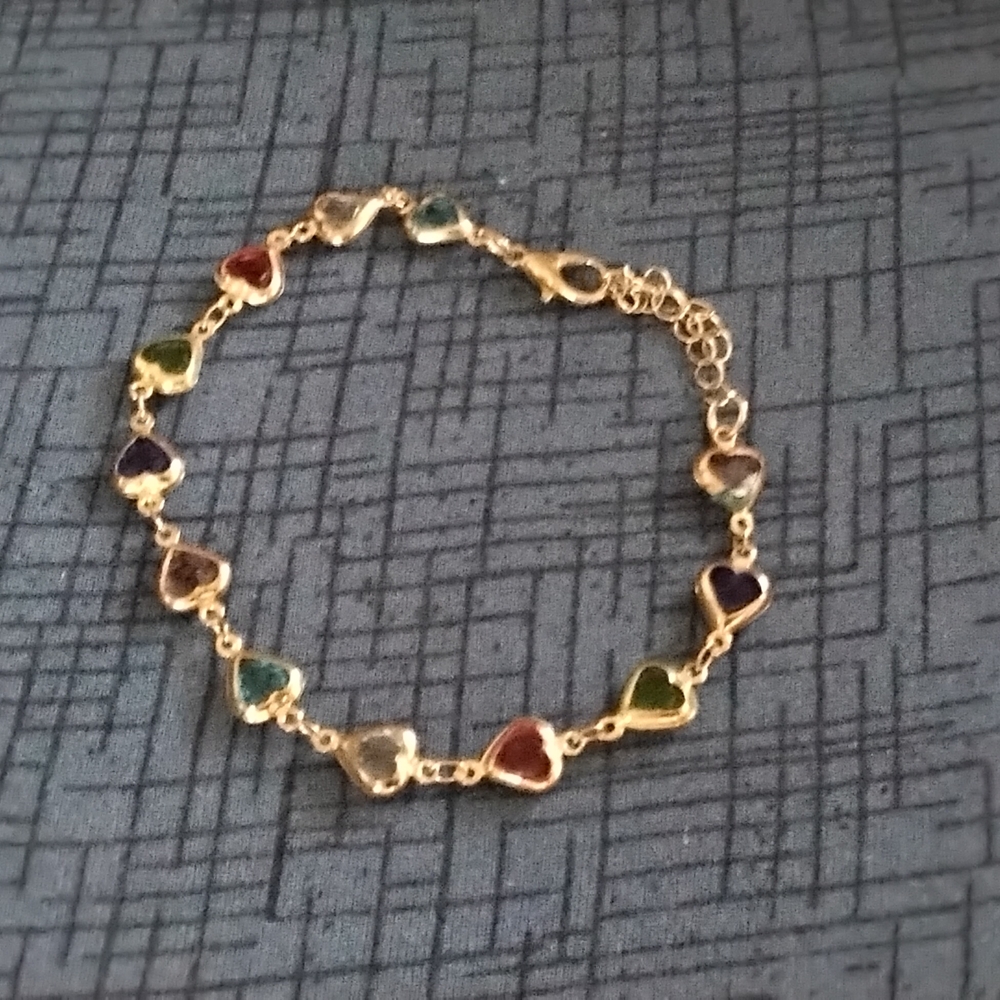 Gold Heart Link Bracelet with Multicolor Gem Hearts - Women Jewelry